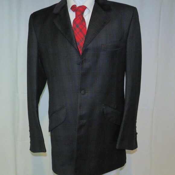 William Hunt Green Tartan Plaid Velvet Collar Three Button Long Riding Jacket L - Picture 2 of 14